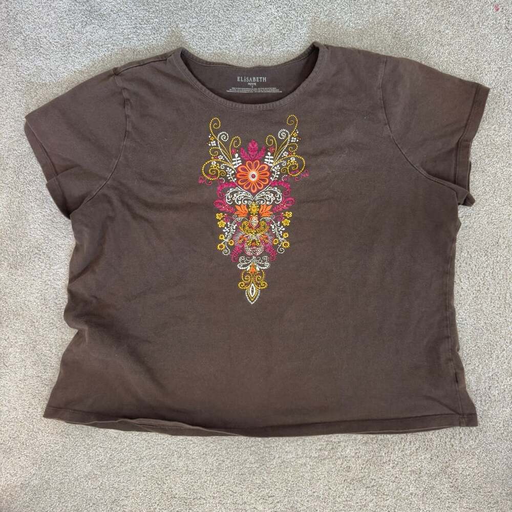 Elisabeth Petite T-Shirt Size 3 Brown Floral Embroidered